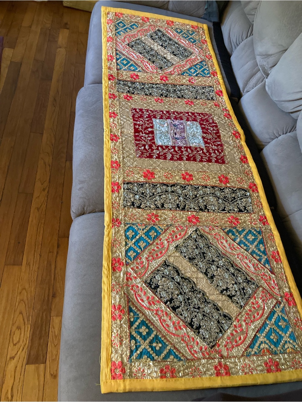 Embroidered Gold & Teal Patchwork Table Runner with Red Accents